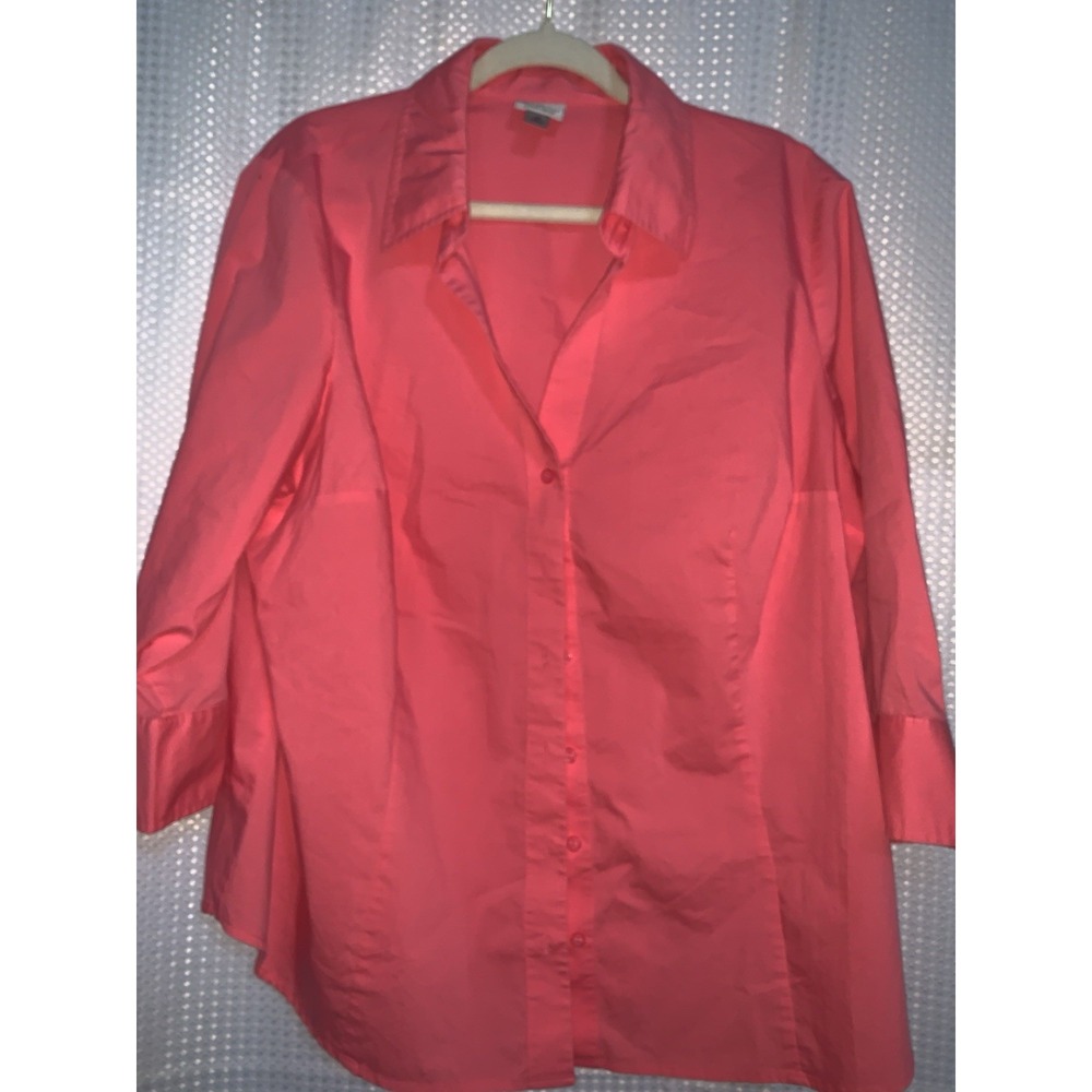 Worthington Woman Shirt 2X Fit‎ Stretch Easy Care Pink Button Up 3/4 Sleeves